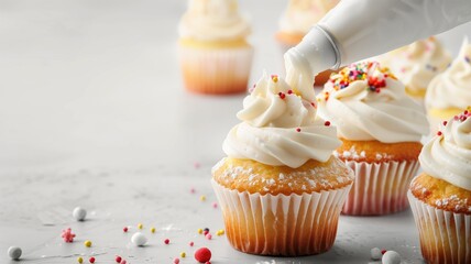 Wall Mural - Hand icing cupcake with cream and colorful sprinkles on grey background