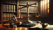 classic legal library scene, featuring the scales of justice centered on a polished wooden desk