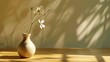 A lone, slender vase holding a single bloom on a bare wooden table, the natural light casting soft shadows, highlighting the beauty in simplicity.