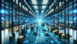 modern warehouse with digital network overlay, the photo illustrates a high-tech logistics operation with glowing blue