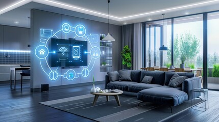 A DevOps engineer in a smart home automating household functions, in a sleek, modern interior design style.