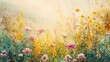 Watercolor, Dew on wildflowers, close up, sunrise, alpine meadow tranquility
