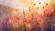 Watercolor, Dew on wildflowers, close up, sunrise, alpine meadow tranquility