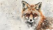 Watercolor, Fox in snow, close up, alert ears, fluffy tail, winter backdrop 