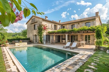 charming frenchstyle stone house with veranda and sparkling pool idyllic countryside landscape