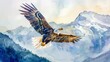 Watercolor, Eagle soaring close up, expansive mountain range background, clear sky