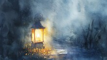 Watercolor, Lantern Light, Close Up, Glowing Softly In Thick Mist, Path Unknown