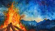 Watercolor, Campfire flames, close up, with a panoramic view of the night mountain scape b