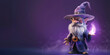 Magical Wizard with Purple Hat and Long White Beard Standing in Front of a Purple Background