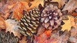 Watercolor, Pine cone among fall foliage, close up, detailed texture, warm hues 