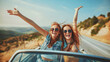 Two women with sunglasses and raised hands express excitement and freedom during a scenic road trip on a beautiful sunny day - Generative AI
