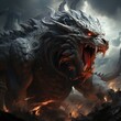 A fearsome, grey-scaled dragon with red eyes and a gaping mouth full of sharp teeth stands in a ruined city, surrounded by flames and smoke.