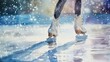 Watercolor, Figure skater's blade on ice, close up, precise cut, twinkling lights 