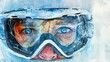 Watercolor, Frost on goggles, close up, skierâ€™s eyes, determination, cold blue tint