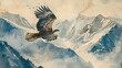 Watercolor, Solitary eagle flying, close up, against vast mountain range 