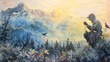 Watercolor, Biologist tagging birds, close up, mountain backdrop, dawn light