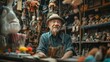 A puppet maker in a magical workshop, surrounded by whimsical, hand-carved puppets hanging from the ceiling.