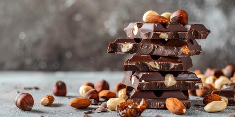 Stacked dark chocolate bars with almonds and hazelnuts on a grey surface.