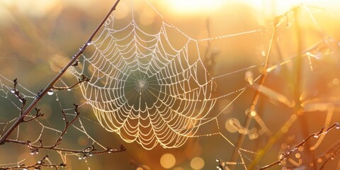 Glistening dewdrops on a delicate spider web captured in the soft light of dawn.
