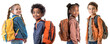 Set of Caucasian and African American children posing with school bay over white transparent background