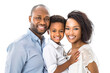 African family, couple with baby boy portrait smiling at camera. Isolated over white transparent background