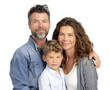 Norwegian family, couple with little boy portrait posing against white transparent backdrop
