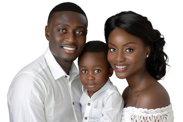 Nigerian happy family of three wearing white clothes over isolated transparent background