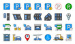 Automatic garage service and parking line icons. Automobile garage service line icon, car park area or transport public parking zone outline vector symbol with taxi, bicycle and truck, towing signs