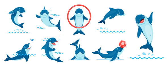 Wall Mural - Dolphin cartoon characters from oceanarium circus with tricks, isolated vector. Funny dolphin jumping through ring or playing with ball and catching fish, smiling or waving hello in oceanarium show