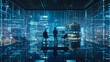 © Exnoi - Cybersecurity analysts in a glass office overlooking a cityscape, monitoring urban security, in a sleek, modern thriller style.