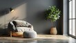 Armchair with pillow, glowing lamp, plant in pot, ottoman and round carpet on floor on gray wall background in living room. Ad blog about real estate and modern interiors, simple scandinavian design