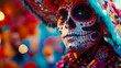  A Dia de los Muertos-themed costume for a man, featuring intricate white face paint and a backdrop of vibrant colors, with a colorful hat on his head. 
