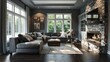 Living room interior in gray and brown colors features gray sofa atop dark hardwood floors facing stone fireplace
