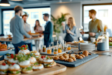 Catering in the office. Table with canapes and various snacks served on the background of a business meeting.
