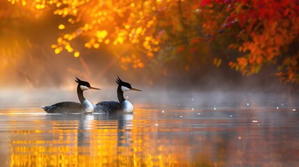 Wall Mural - Two Great Crested Grebes Swimming in a Lake