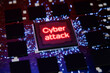 Cyberattack on a chip. Hacking the program. Cyber attack warning sign on virtual digital screen. Digital security concept. 3D render.