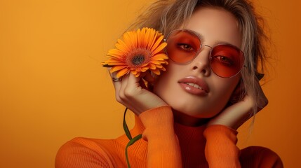 In this image, a stylish woman poses with an orange gerbera flower, complementing her orange sunglasses and attire