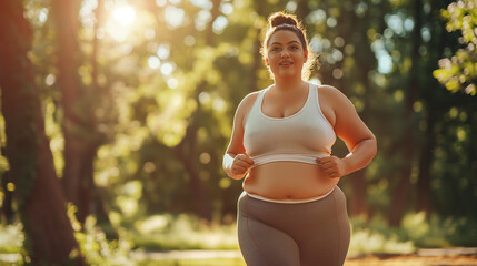 Wall Mural - plus size confident lady running, body positive attitude, fat overweight jogging in park 