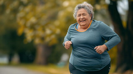 overweight, plus size old lady running, body positive concept, age positive, health conscious obese senior woman doing exercise