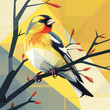 Vibrant geometric illustration of a finch perched on a branch against a yellow backdrop.