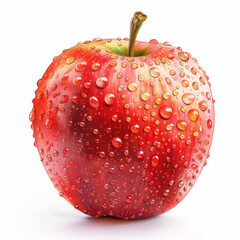 Wall Mural - High-resolution close-up image of a red apple with fresh water droplets, isolated on white background.