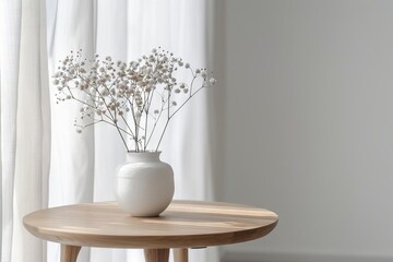 Wall Mural - minimalist scandinavian interior with round wooden table and white flower vase