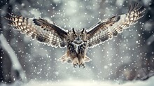 Flying Eurasian Eagle Owl With Open Wings With Snow Flake In Snowy Forest During Cold Winter. Action Wildlife Scene From Nature  
