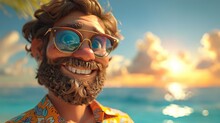 Happy 3D Cartoon Man With A Beard Holding A Cup Of Coffee, Sunrise Orange Background