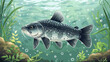 Illustration of a speckled freshwater fish swimming among underwater plants in its habitat.