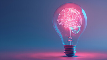 Creative digital artwork of a brain glowing inside a light bulb against a dual-tone background.