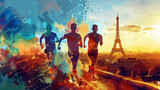 Fototapeta Tulipany - Athletes running with the Eiffel tower in Paris, France. 2024 Olympic games. Summer artwork. Sports cover design. Abstract background. Generated AI
