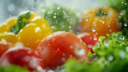 Wall Mural - Fresh vegetables with water droplets, close-up of ripe tomatoes and crisp greens.