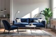 scandinavian living room with dark blue sofa and recliner chair 3d interior rendering