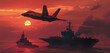 Under the crimson hues of the sunset, a war jet flies in formation with a mighty sea-ship, their presence looming large against the backdrop of the ocean